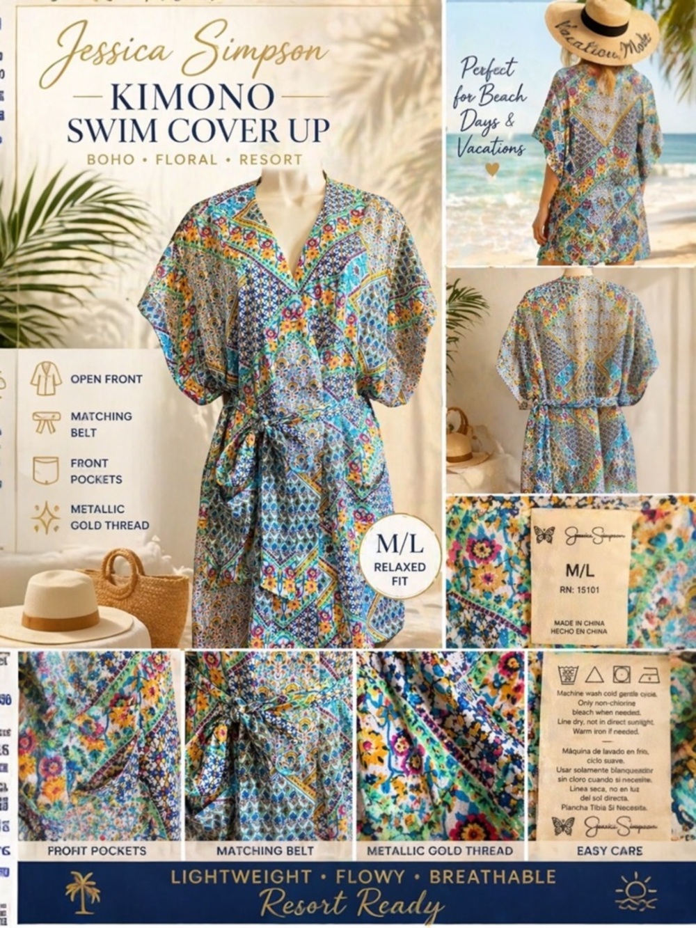 Jessica Simpson Boho Kimono Swim Cover Up M/L Belted Beach Kaftan Floral Resort